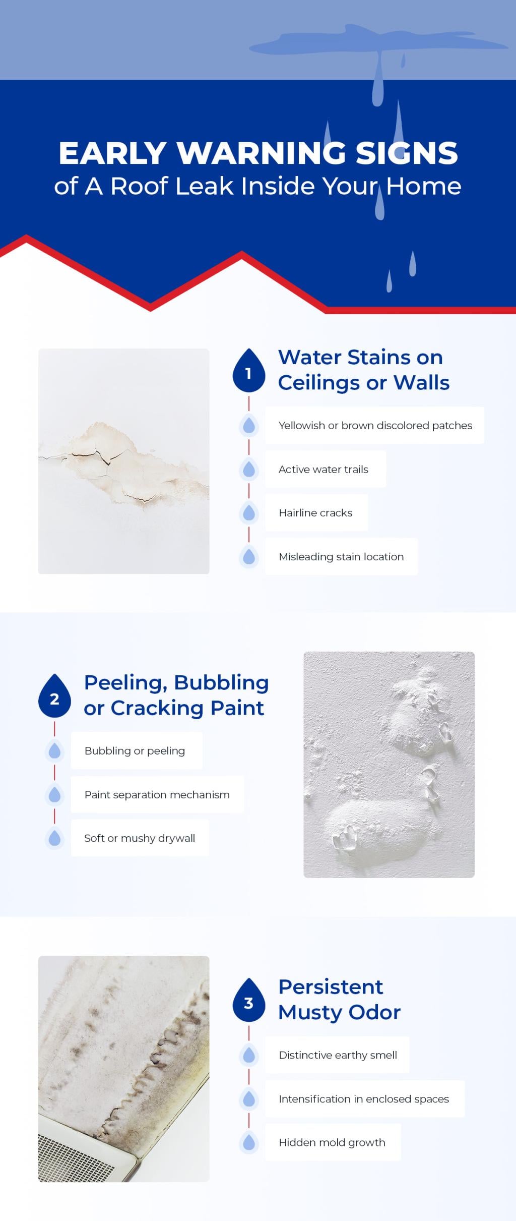 An infographic showing the early warning signs and things to check of a roof leak in a home.