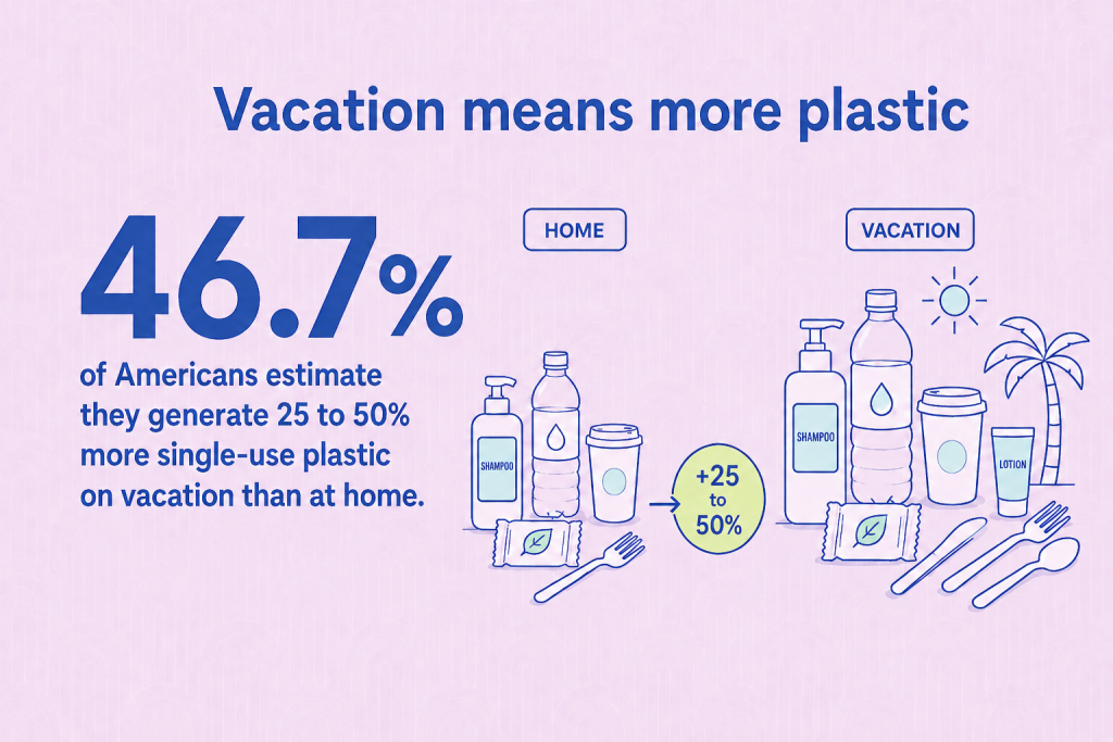 An infographic stating that 46.7% of Americans estimate they generate 25 to 50% more single-use plastic on vacation than at home.
