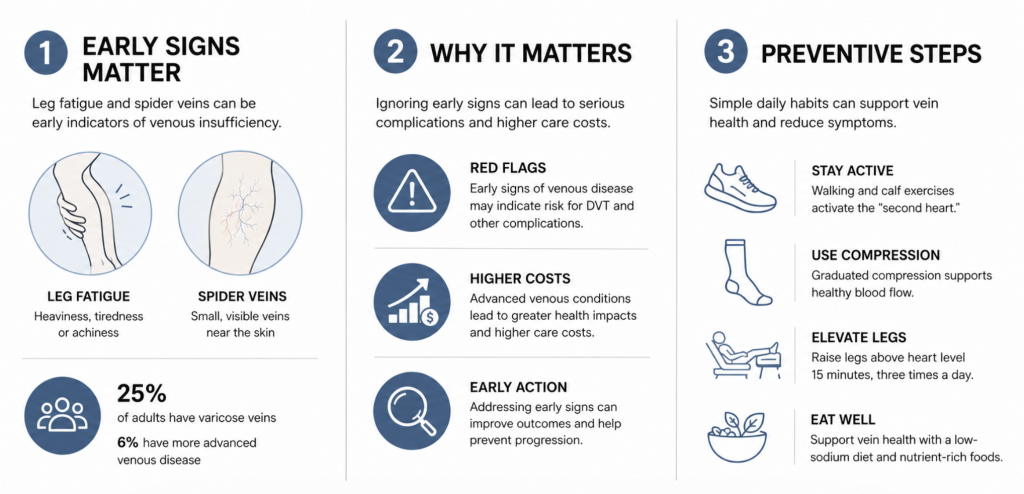 An infographic on the early signs and preventive steps of Chronic Venous Insufficiency (CVI).