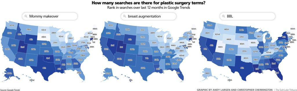 Three U.S. maps showing the ranks in searches in different states in Google trends for the terms, "mommy makeover," "breast augmentation," and "BBL."