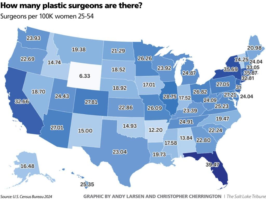U.S. map showing surgeons per 100K women 25-54 in each state with the highest concentrations in Florida, California and New York area.