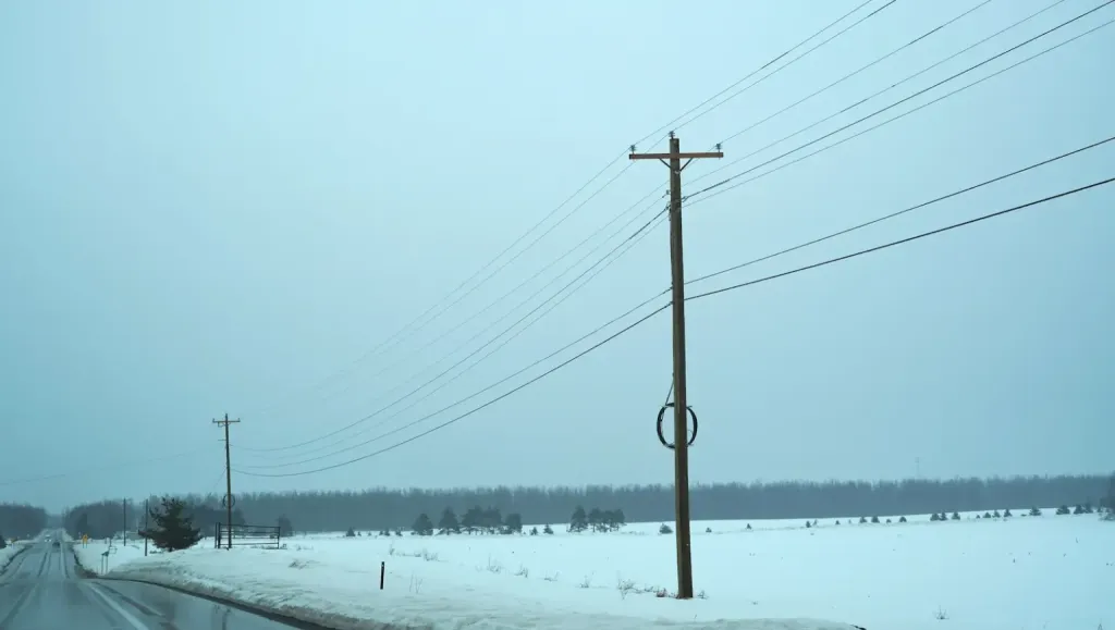 Electric poles and wires along M-32 near Gaylord, Michigan. Wanda Whiting recalls that poles like this were snapped in half during the March 2025 ice storm.