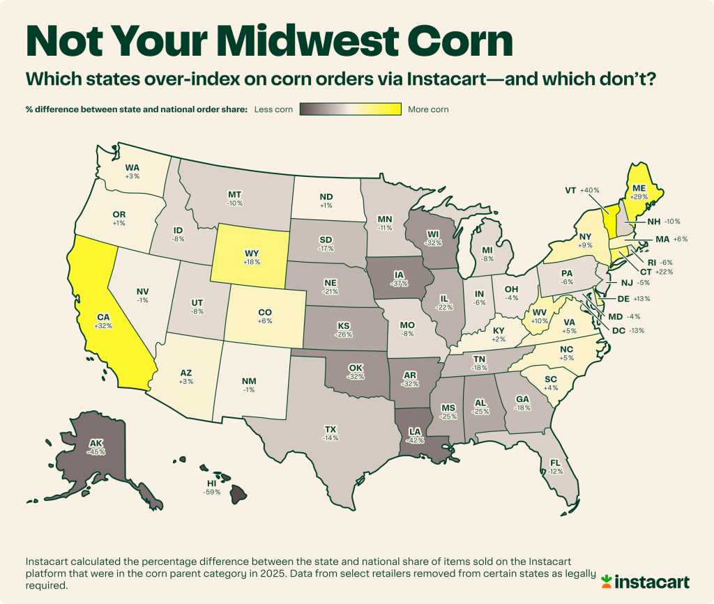A data map of the US showing which states over-index on corn orders via Instacart.