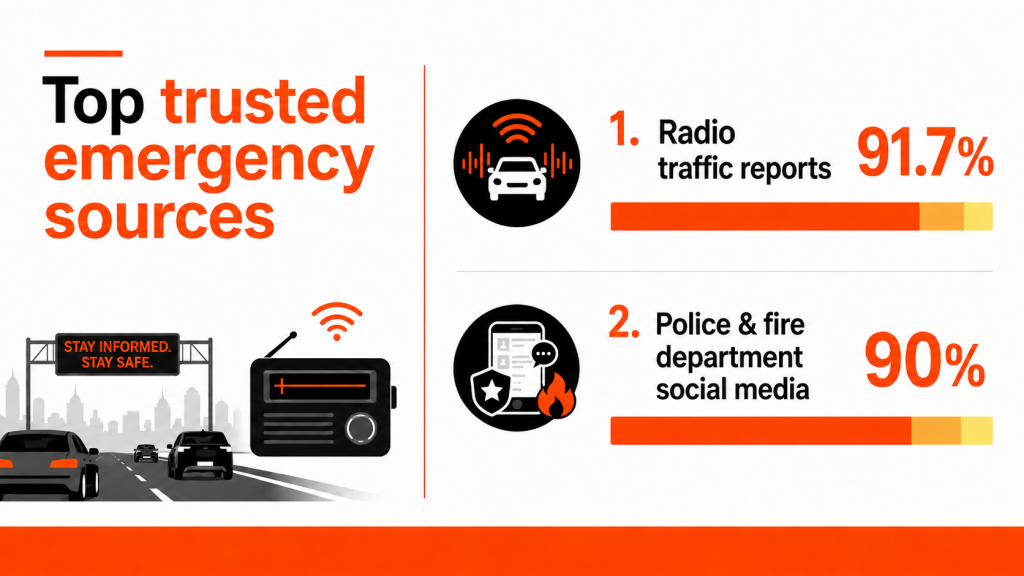An infographic showing that radio traffic reports and police and fire department social media are the top trusted emergency resources.