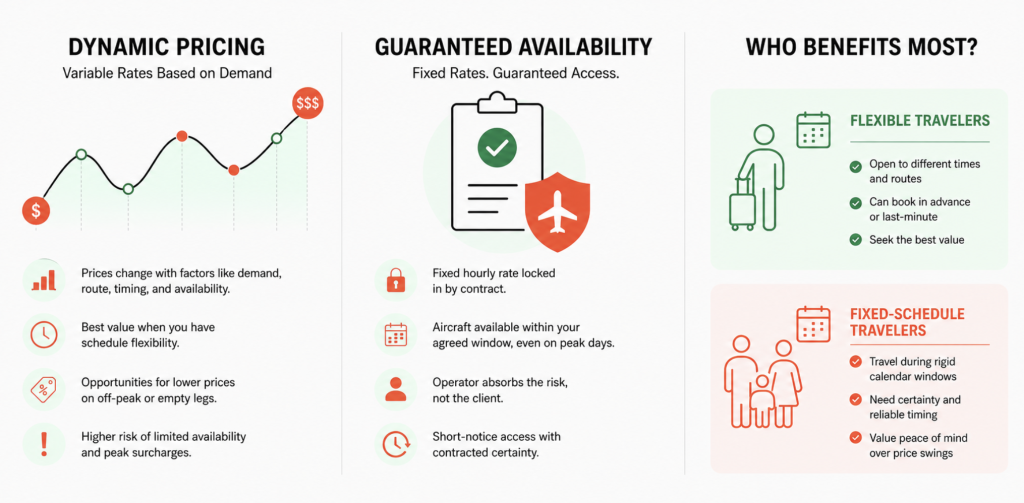 An infographic defining dynamic pricing, guaranteed availability, and who benefits most in that system.