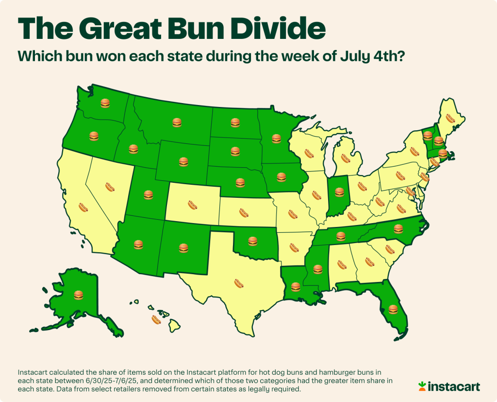 Data map of the US showing which bun won each state during the 4th of July week.
