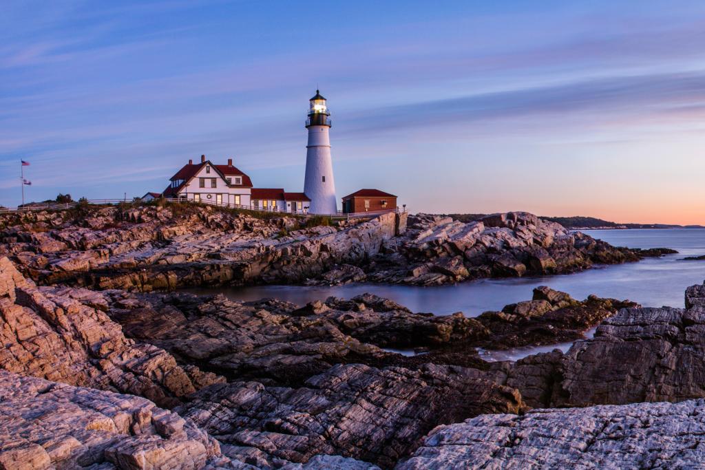 A view of the sunrise from the Portland lighthouse in Maine, USA.