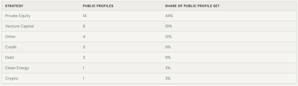 A table listing the different strategies per public profile and share.