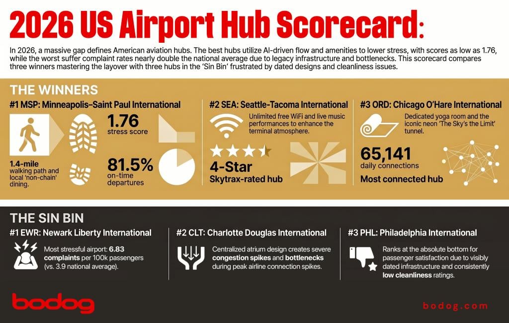 An infographic revealing the 2026 US airport hub scorecard. Ranked #1 is Minneapolis-Saint Paul International Airport with 1.76 stress score and 81.5% on-time depatures.