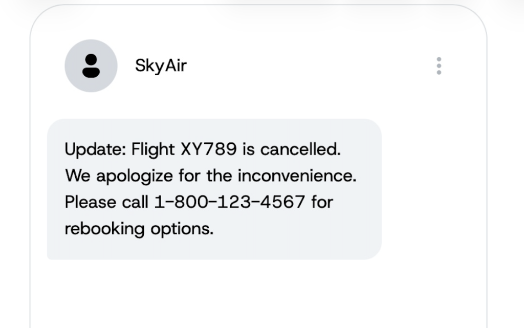 A sample cancelled flight notification message.