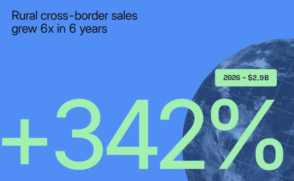 An infographic stating that rural cross-border sales grew 6x in 6 years (about +342%).