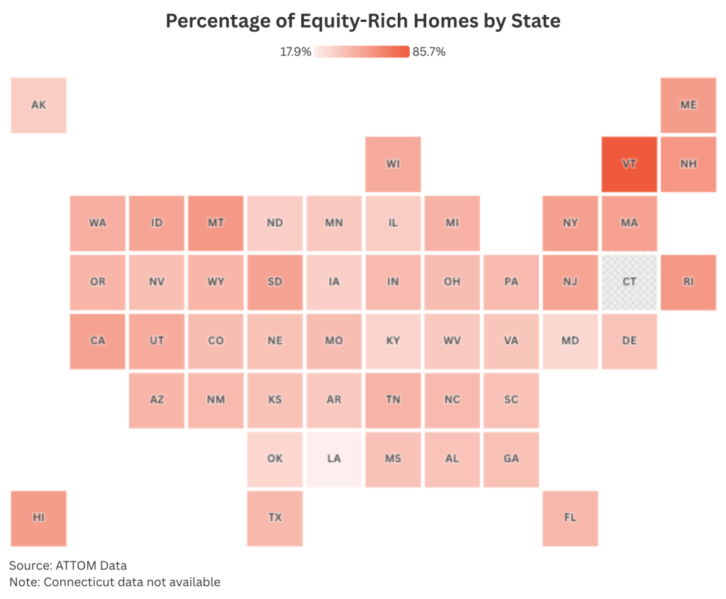 Data map of the US revealing percentage of equity-rich homes by state.