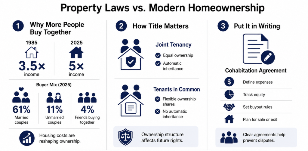 An infographic comparing key details between property laws and modern homeownership.