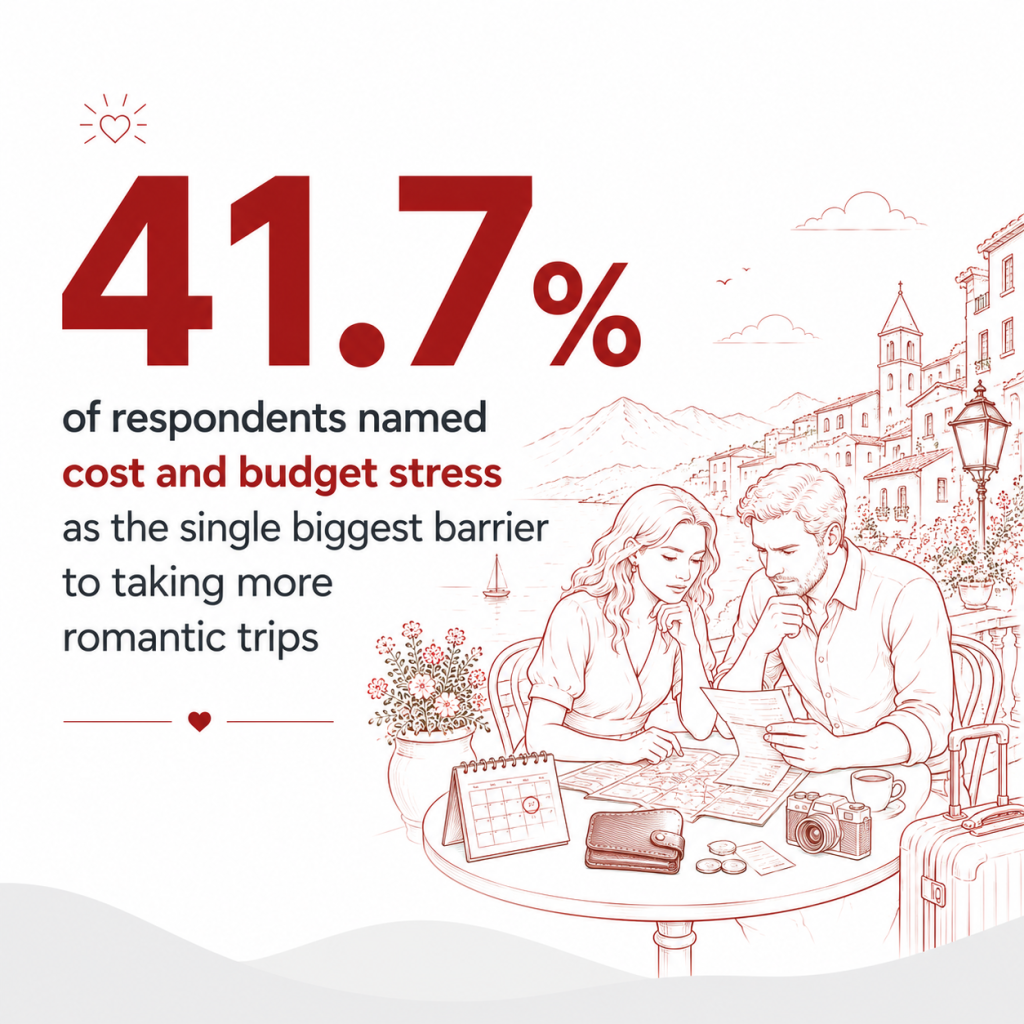 A poster showing a survey result that labeled cost and budget stress as the biggest barrier for taking more romantic trips.