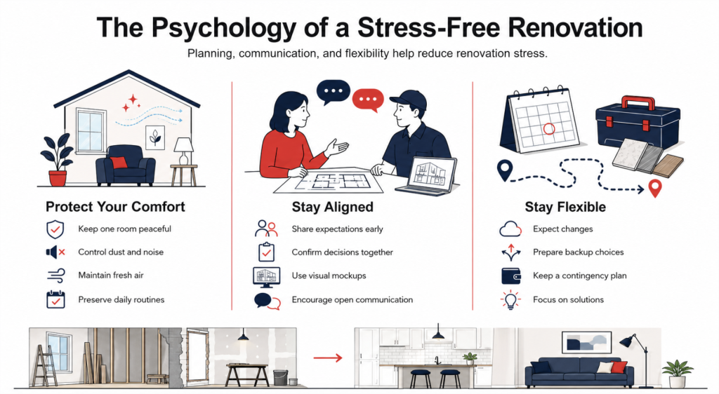 An infographic showing the psychology of a smooth and stress-free home renovation.