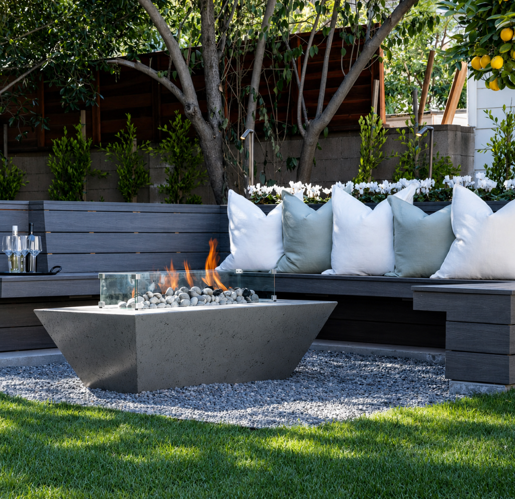 An outdoor space featuring a centerpiece rectangular gas fire pit table with concrete and glass finishes.