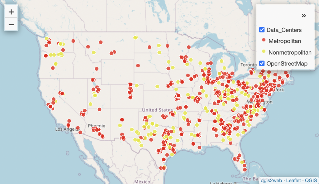 A map showing the high concentration of data centers in metropolitan areas across the United States.