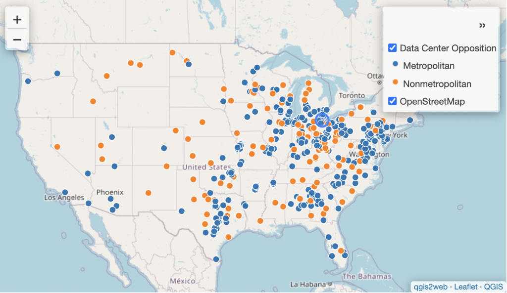 A map showing the Data Center Opposition areas across the United States.