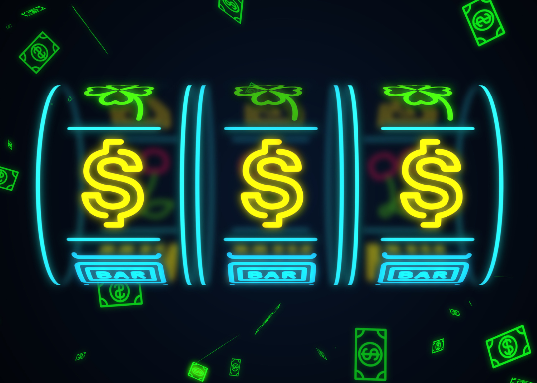 Neon slot machine spinning with flying dollar signs.