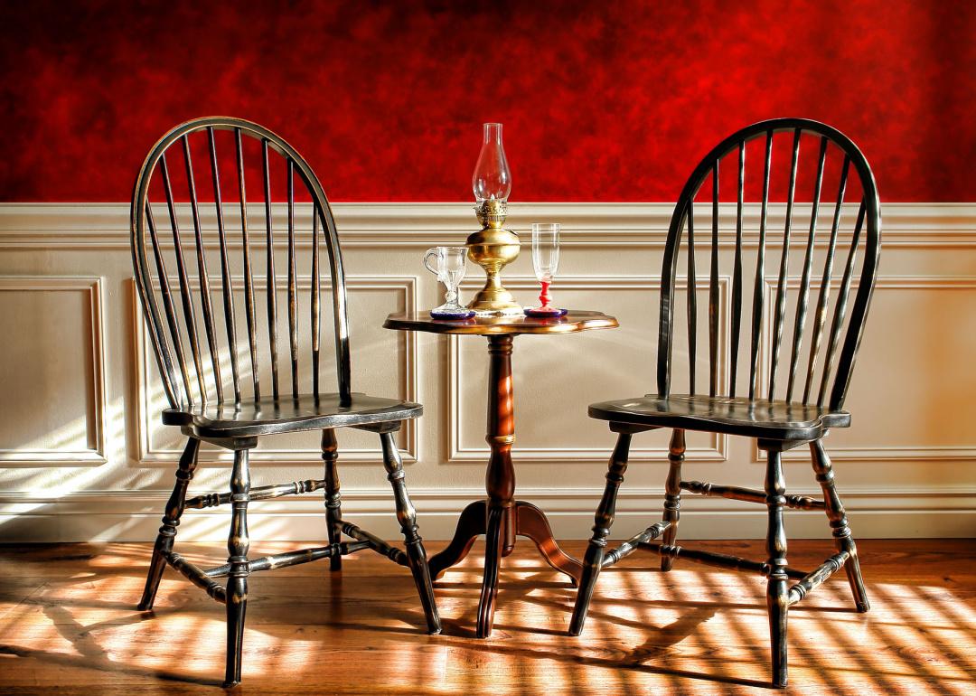 Windsor style chairs and mahogany table.