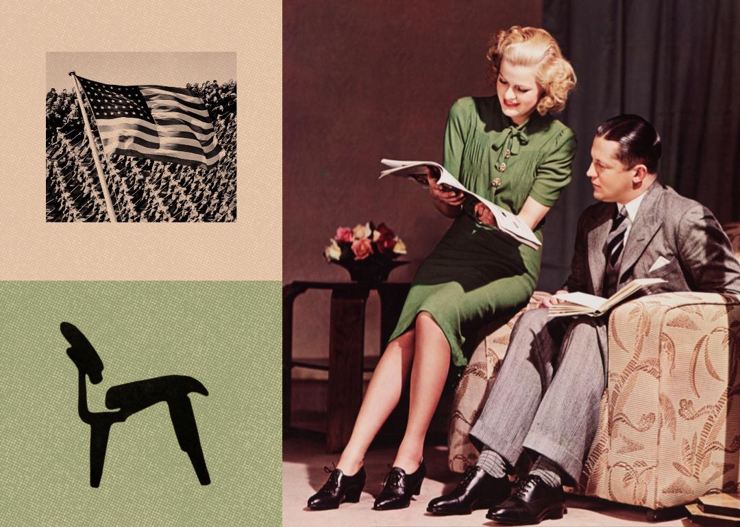 A couple sitting on a couch reading a magazine, World War 2 soldiers with an American Flag, and an Eames LCW silhouette.