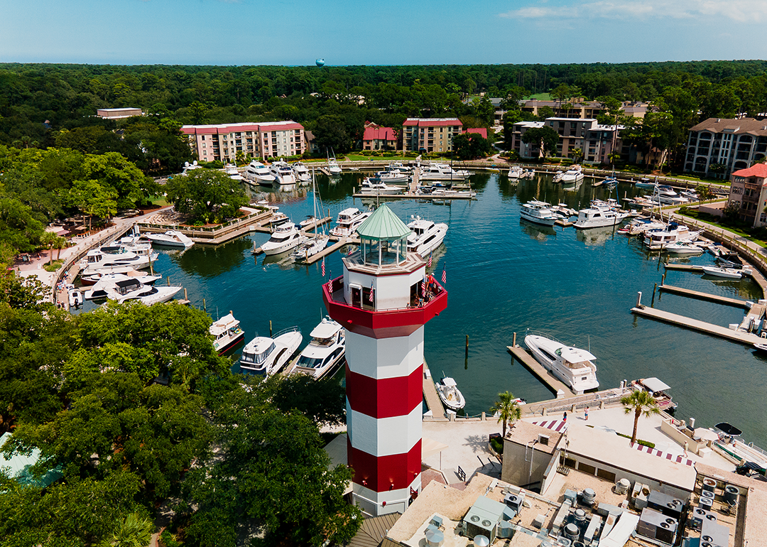 Aerial view Harbor Town Hilton Head Island and lighthouse.