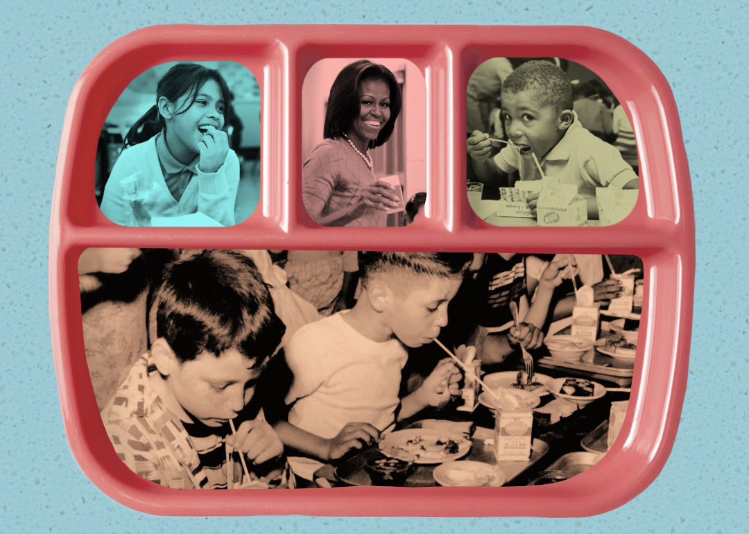 Photo illustration with images of school children eating breakfast and lunch.