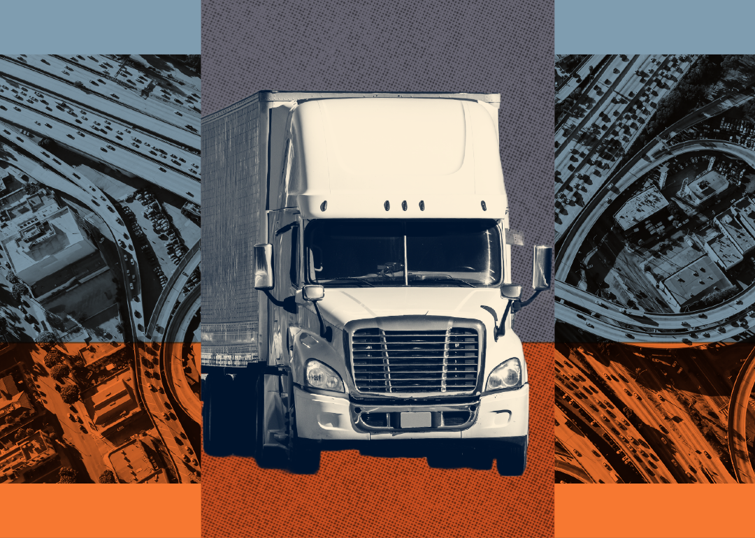 Illustration with an eighteen wheel truck over an aerial view  of a congested highway.