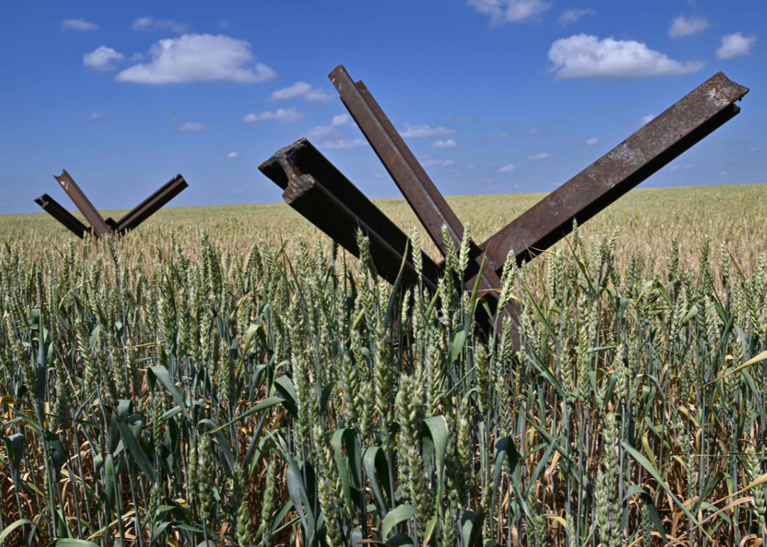 Anti-tank obstacles on a wheat field at a farm in southern Ukraine