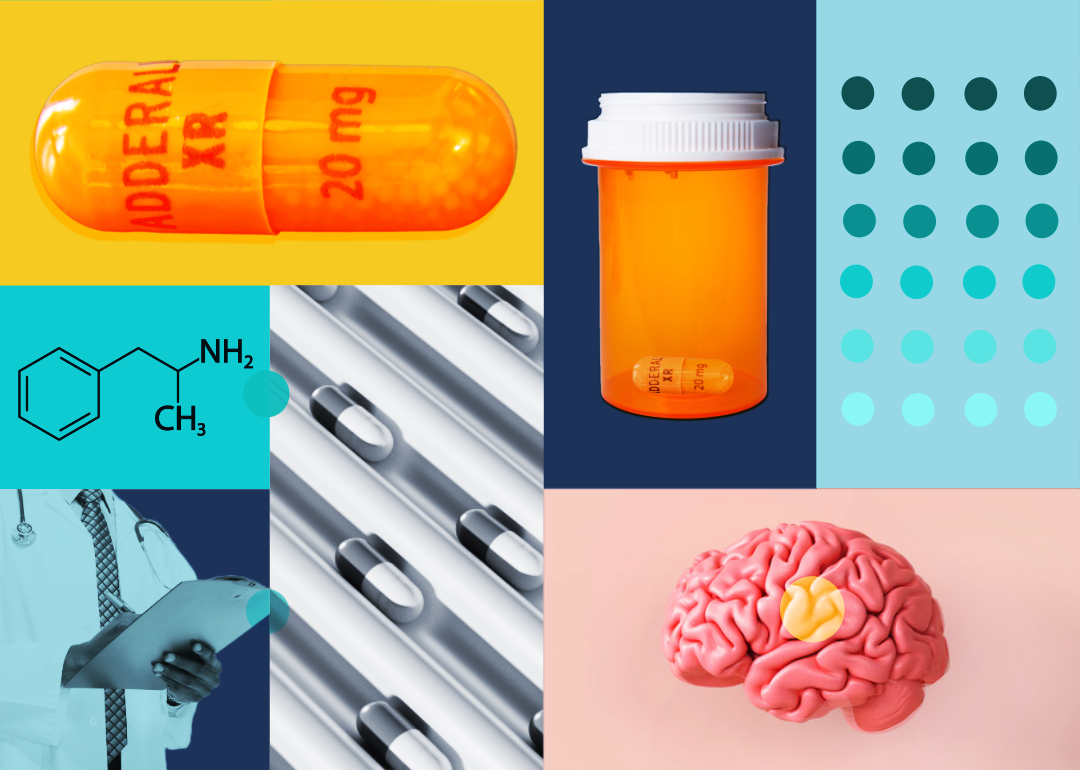 Photo collage with Adderall capsules, empty prescription bottle, doctor writing on clipboard, and brain.