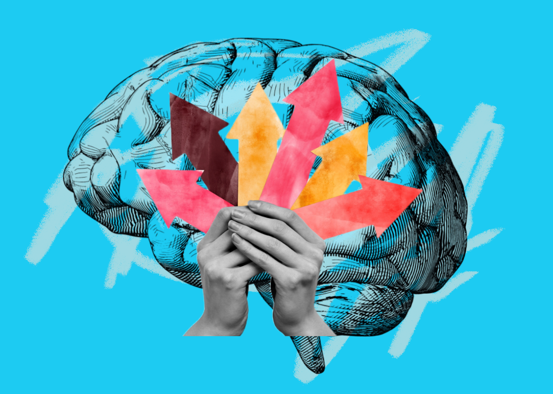 Collage with hands holding arrows in many directions with brain illustration on blue background.