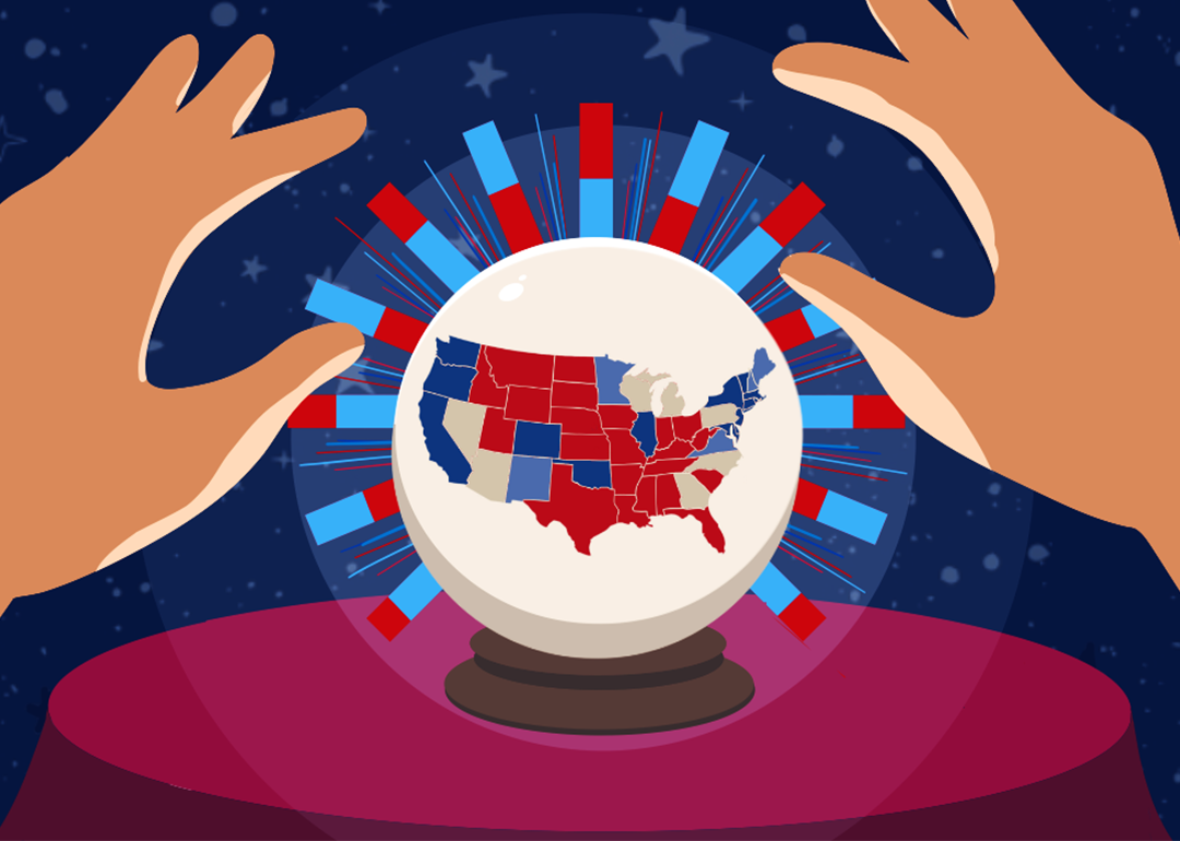 A digital illustration of a fortune teller hands and crystal ball with electoral college map and polling bar charts.