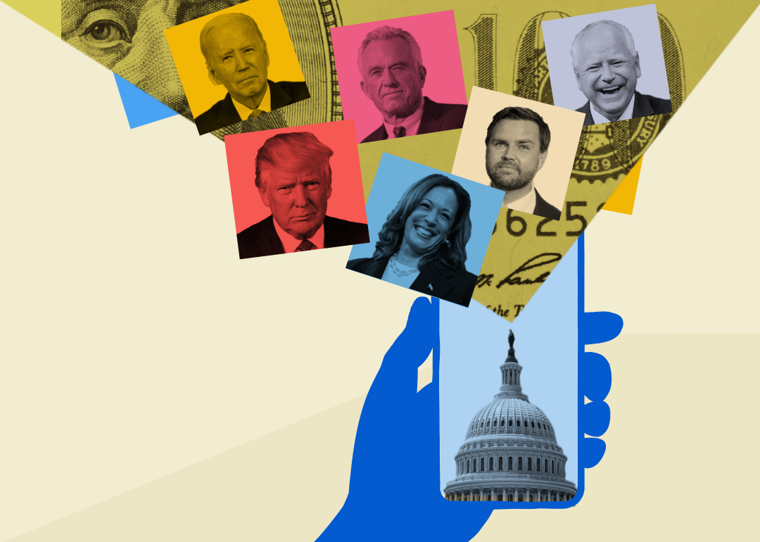 Illustration of hand holding phone with portraits of Joe Biden, Donald Trump, Kamala Harris, Robert F. Kennedy Jr., J.D. Vance, and Tim Walz.