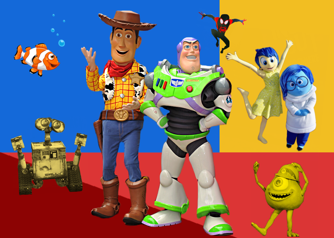 Photo collage with characters from animated blockbusters on colorful background.