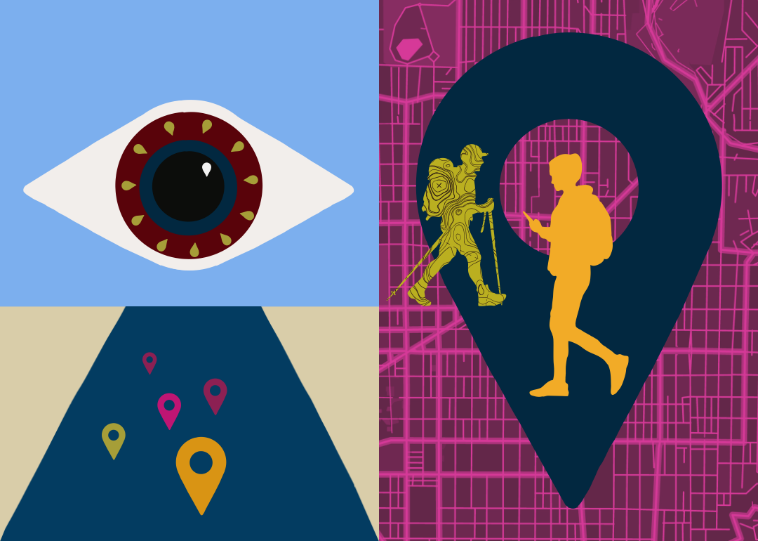 Illustration with eye, location tags, and a person walking with phone and another person hiking over city map.