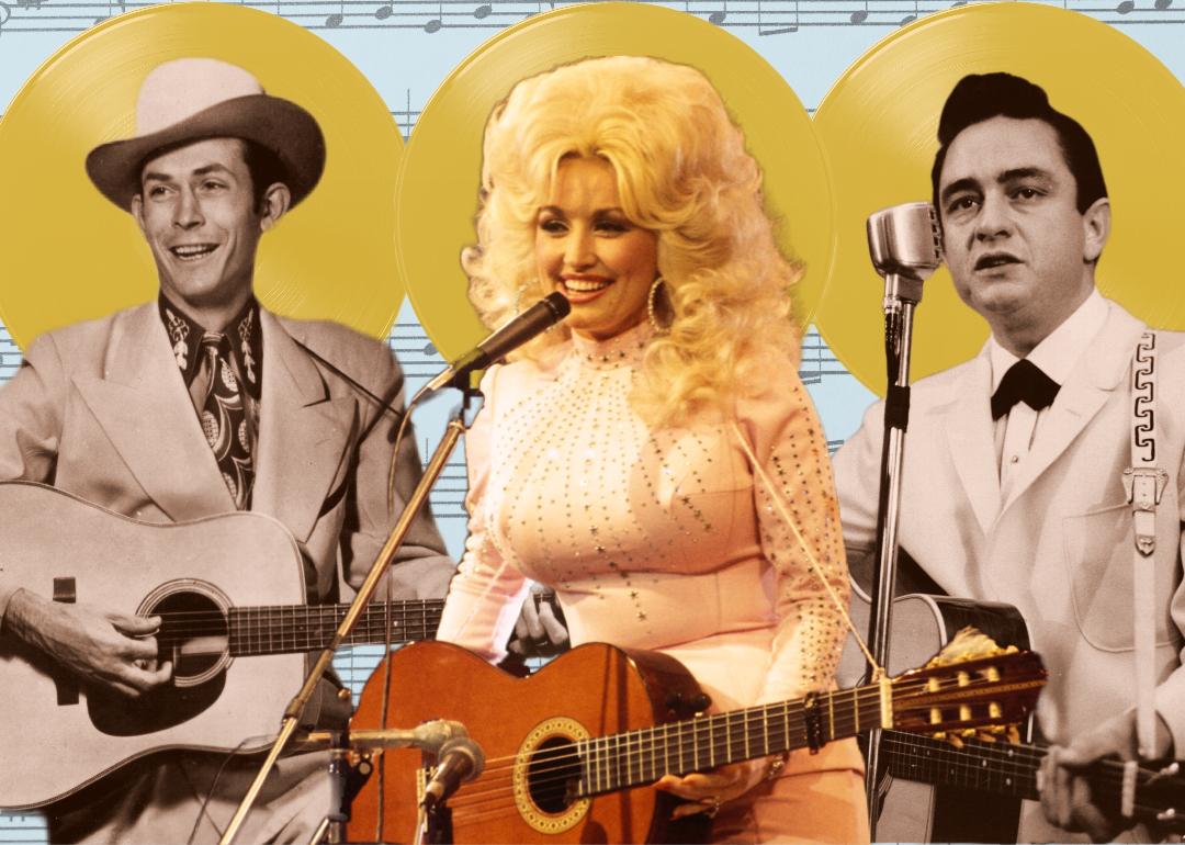 Pholo illustration with Hank Williams, Dolly Parton and Johnny Cash.