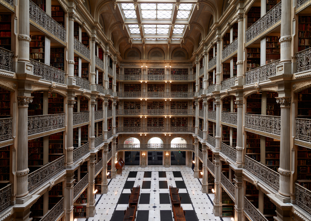 Six story interior courtyard inside Peabody Library