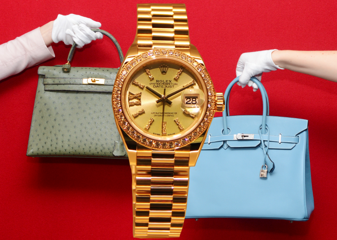 Gold Rolex watch with Hermes Birkin and Hermes Kelly handbags.