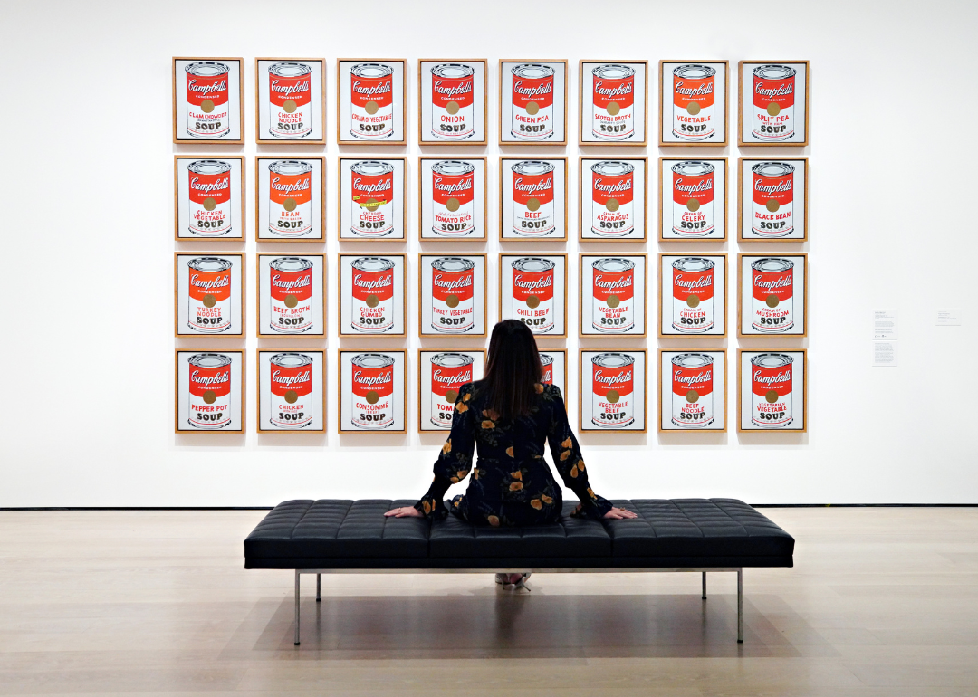 Person at Moma sitting bench in front of Andy Warhol's 'Campbell's Soup Cans’.