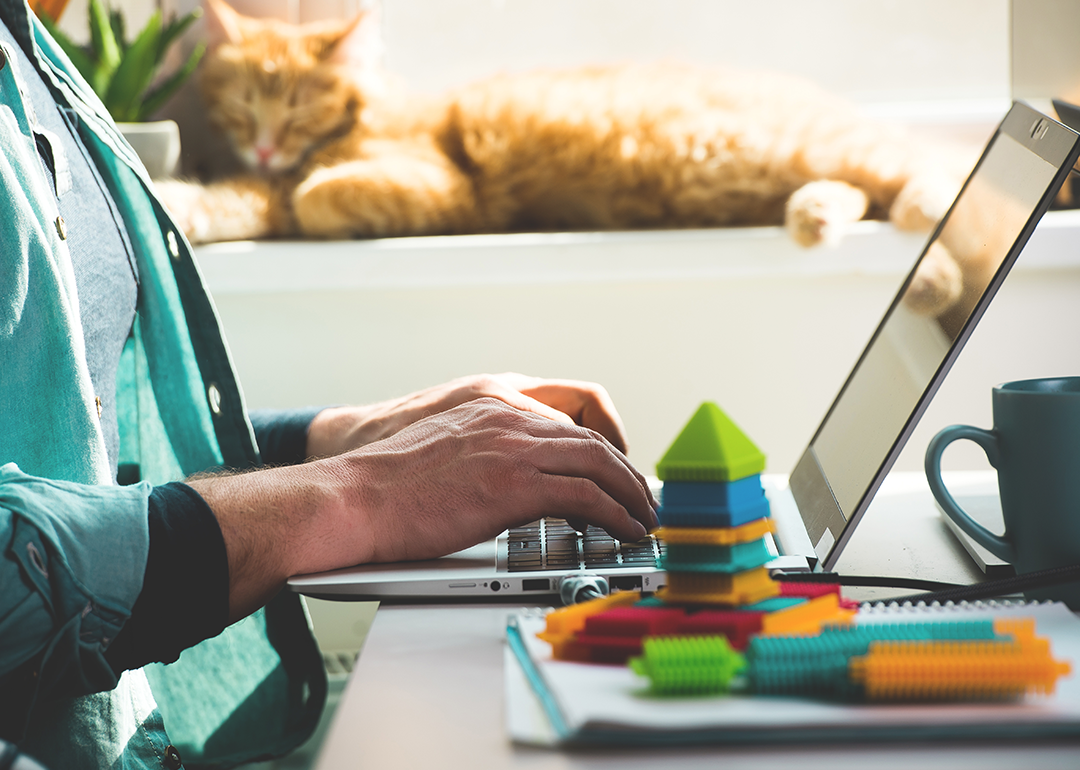 Person types on a laptop on a desk that also has children’s blocks and a coffee mug while a cat sleeps in background.