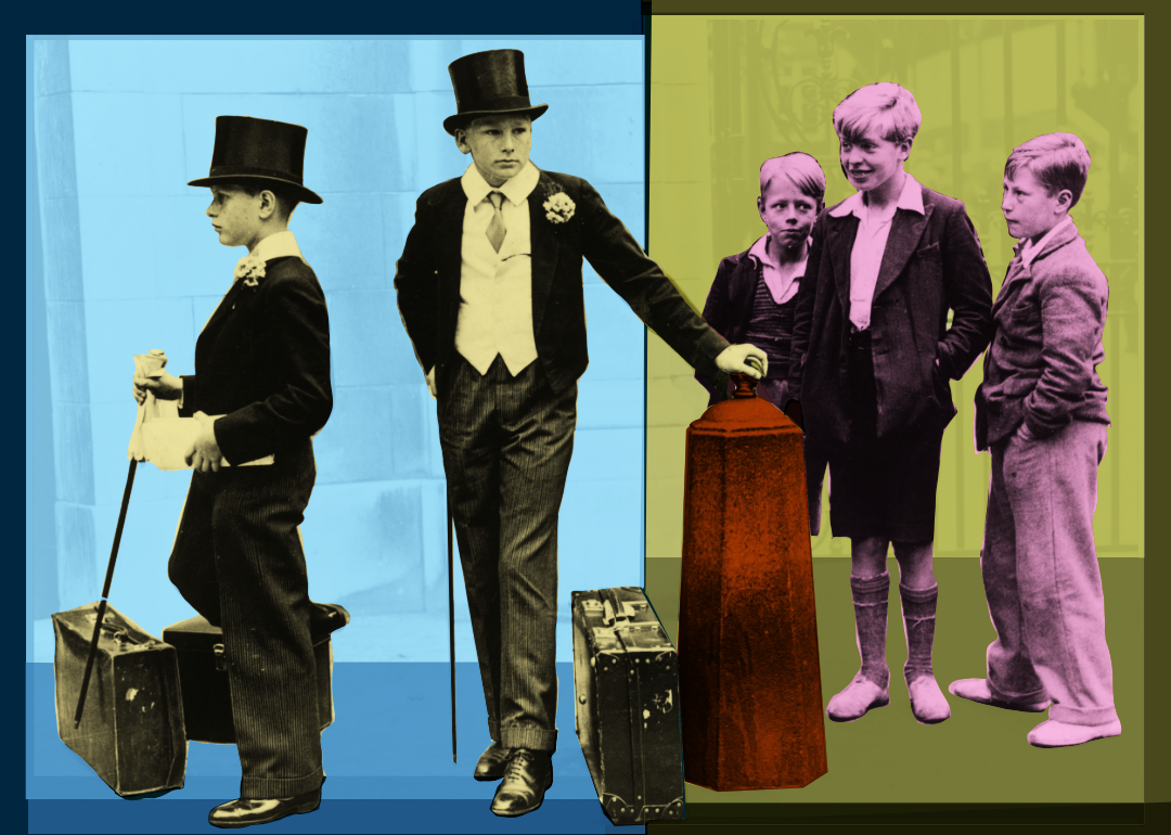 A colorized version of Jimmy Sime's 'Toffs and Toughs’ showing five English boys: two dressed in school uniform including waistcoat, top hat, and cane; and three nearby wearing the plain clothes of pre-war working class youths.