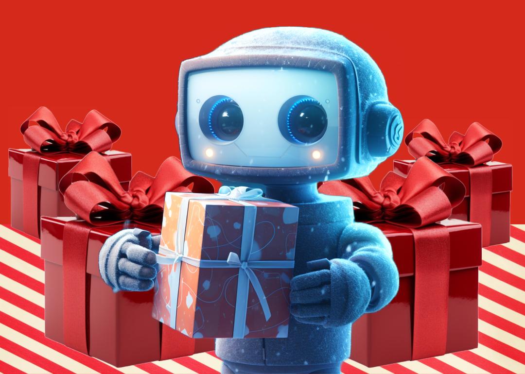 A robot holding a holiday package with more in the background.