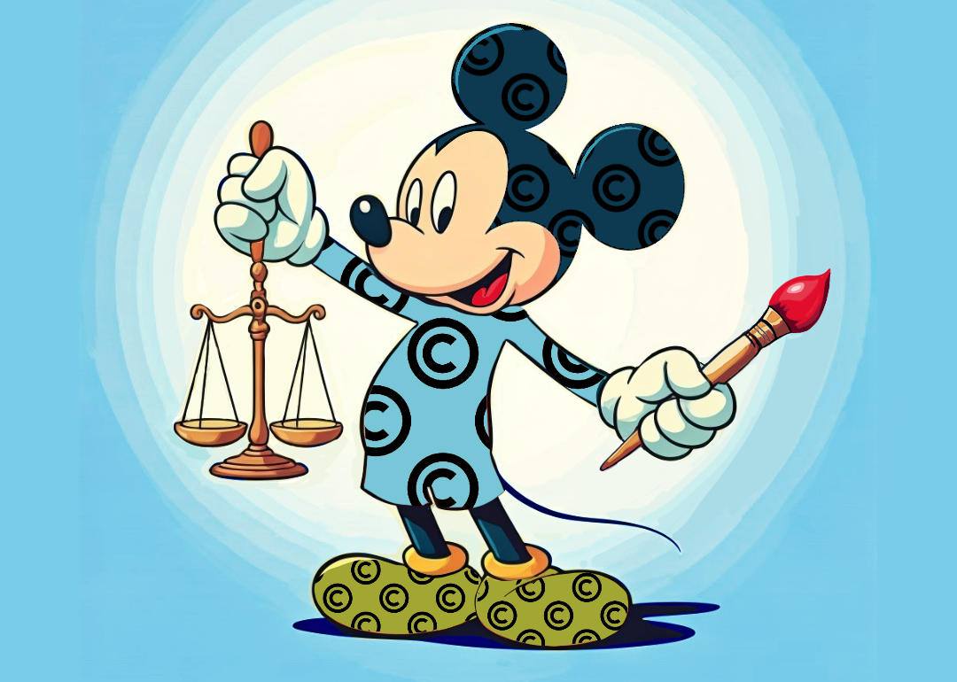 Mickey Mouse wearing a copyright suit and cap holding a paintbrush in one hand and the scales of justice in another.