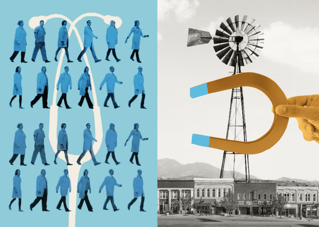 A split screen digital illustration; the left side has a white silhouette of a stethoscope in the background with an overlay of rows of doctors walking toward the right-hand photo, which shows a hand holding a horseshoe magnet toward the doctors, with a rural windmill in background.