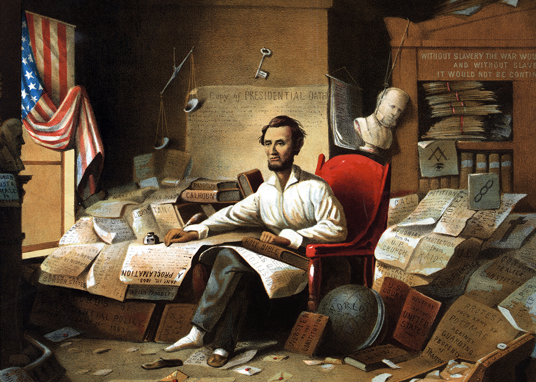 A print based on David Gilmour Blythe’s painting of Lincoln writing the Emancipation Proclamation.