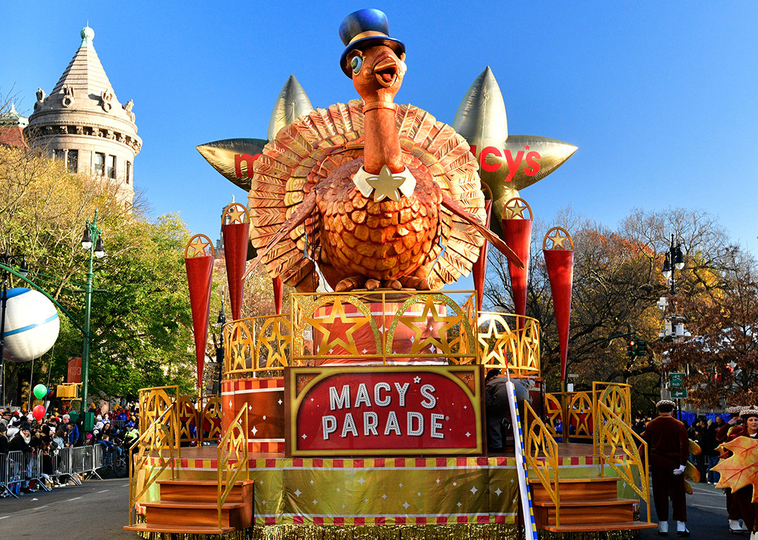 Tom Turkey, a large, gilded turkey statue upon a float with the words, Macy's Parade, waiting for the parade to start during the 96th Macy's Thanksgiving Day Parade in 2022.