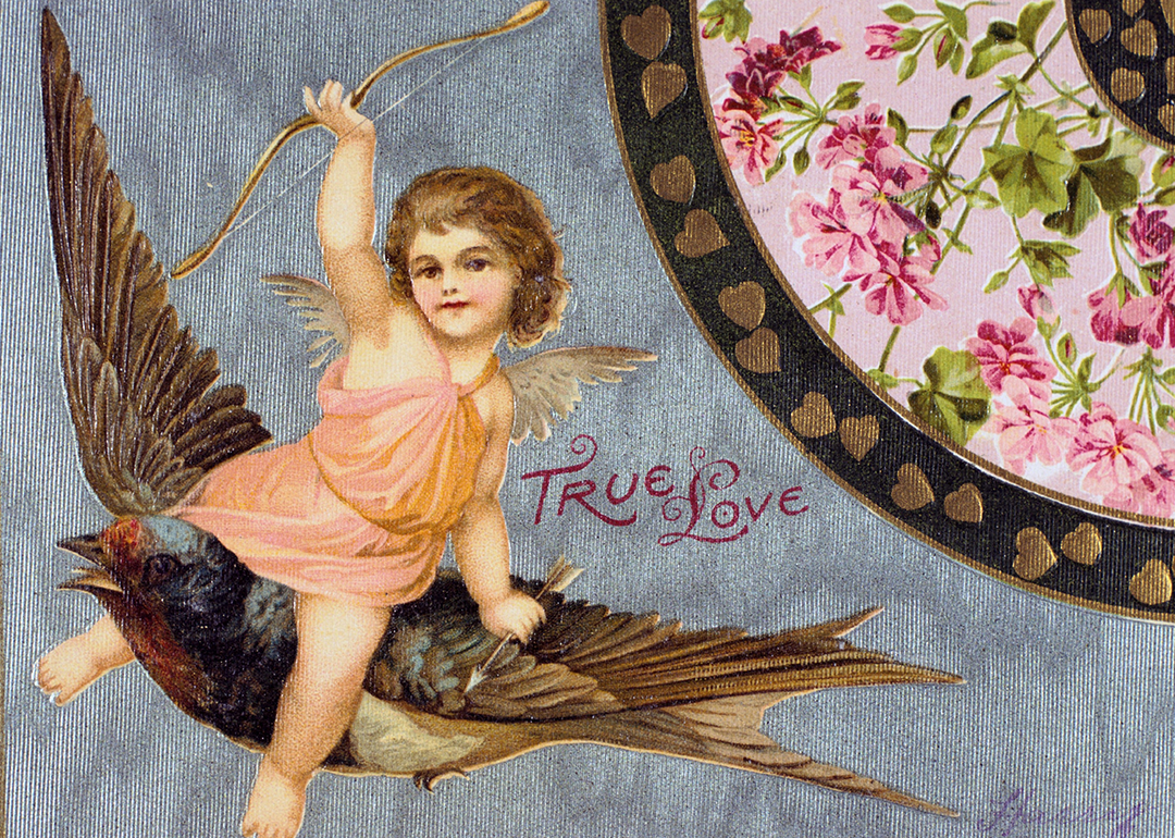 Valentine's Day card with cupid riding a swallow and the words “true love."