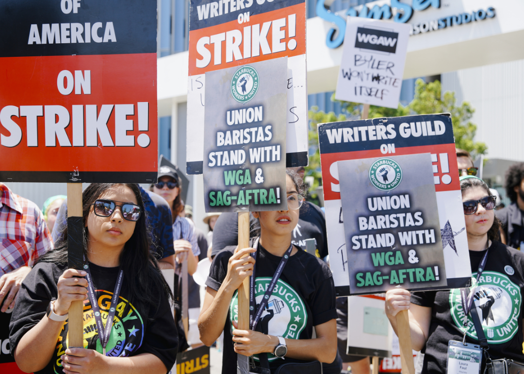 Starbucks union members join SAG-AFTRA and WGA union members on the picket line.