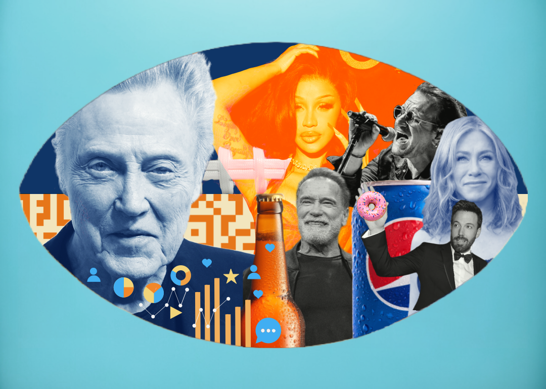 Photo illustration with Christopher Walken, Cardi B,  Arnold Schwarzenegger, Bono, Jennifer Aniston, and Ben Affleck collaged over a football on an LED screen.