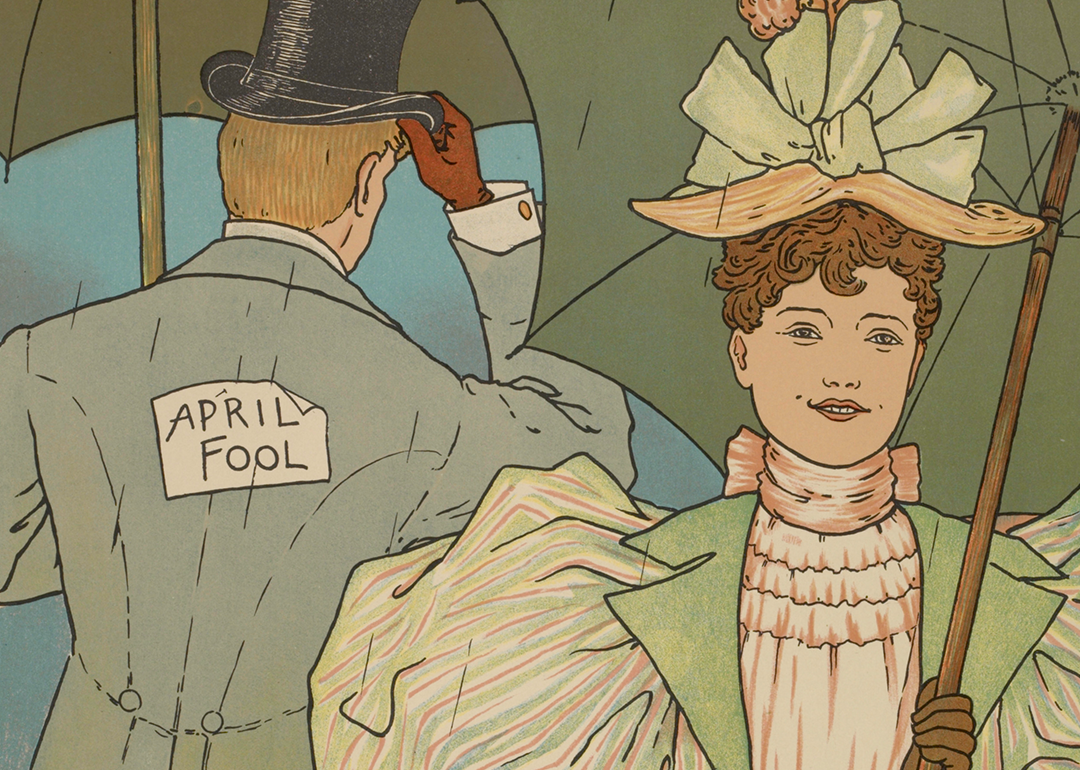 Illustration of woman smiling and man with paper ‘April fool’ pinned to the back of his jacket.